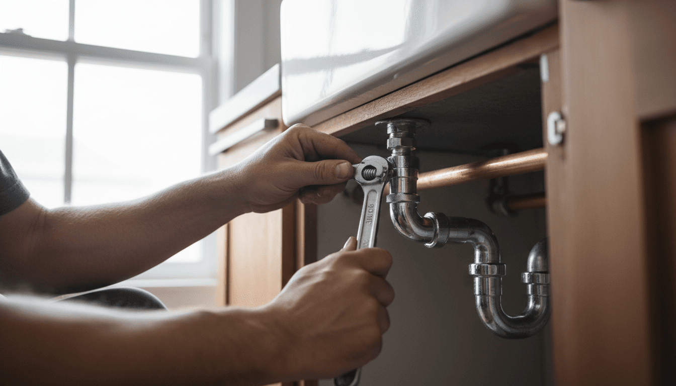 Hands tightening a copper pipe fitting under a sink