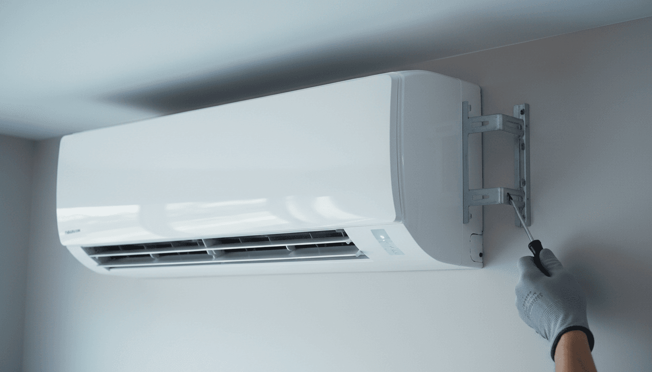 Close-up of a wall-mounted air-conditioning unit being installed