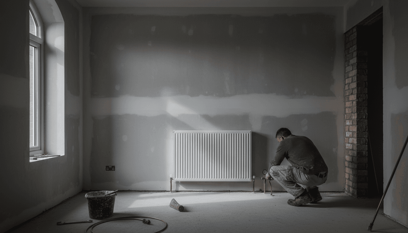 Tradesperson checking a new radiator installation