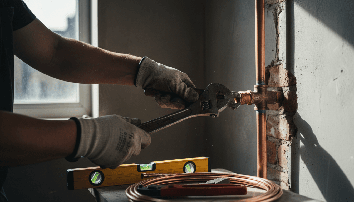 Hands of a tradesperson tightening a copper pipe fitting with a wrench