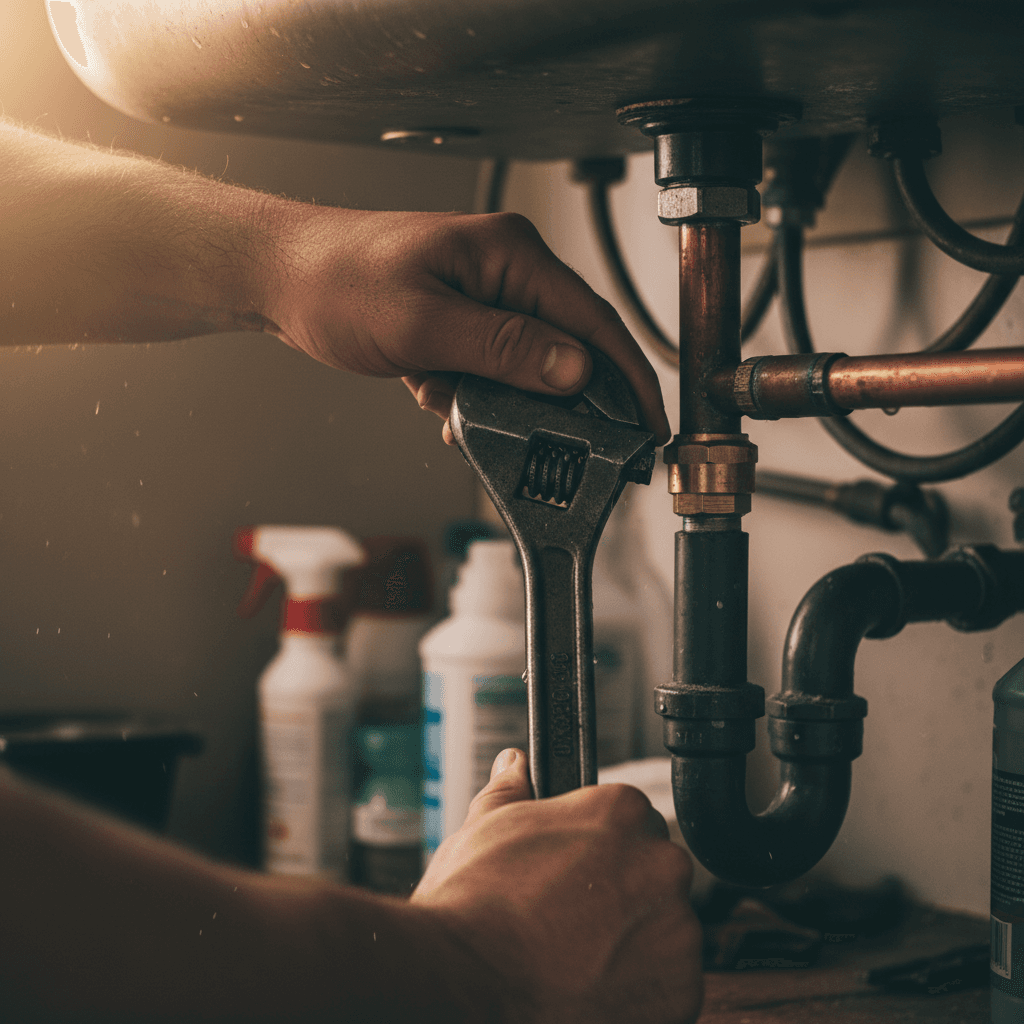 Close-up of hands tightening a pipe fitting under a sink