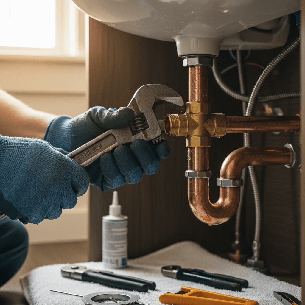 Close-up of hands tightening a pipe fitting under a sink