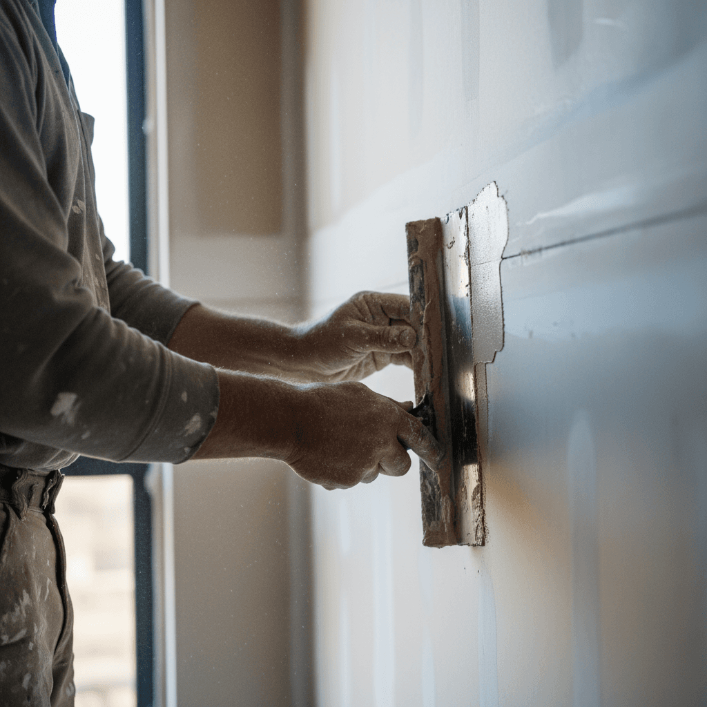 Hands fitting skirting board to a wall