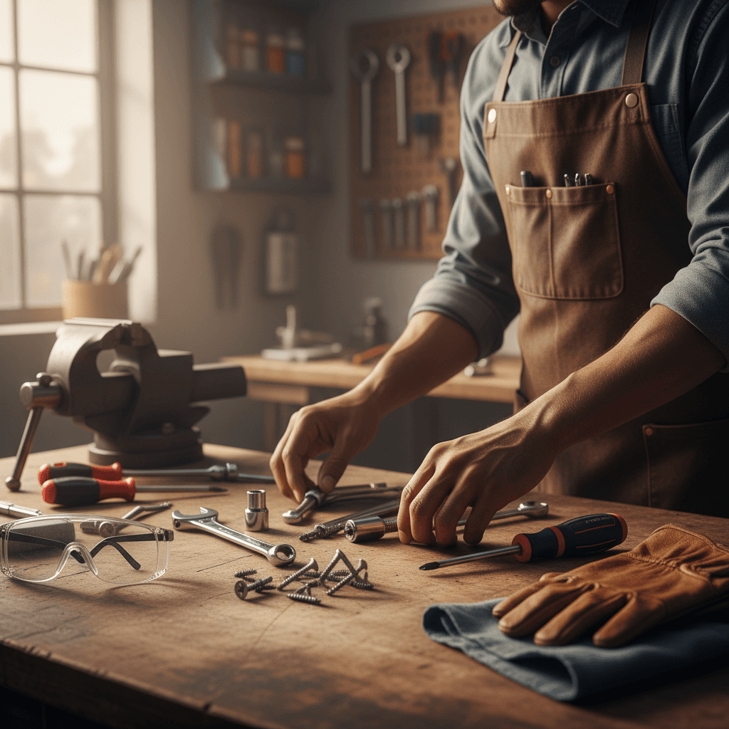 Overhead view of plumbing and construction tools on a workbench
