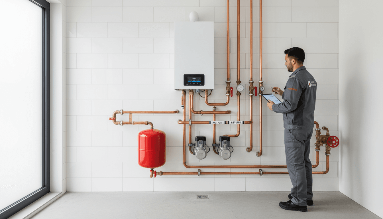Modern wall-mounted boiler with new copper pipework