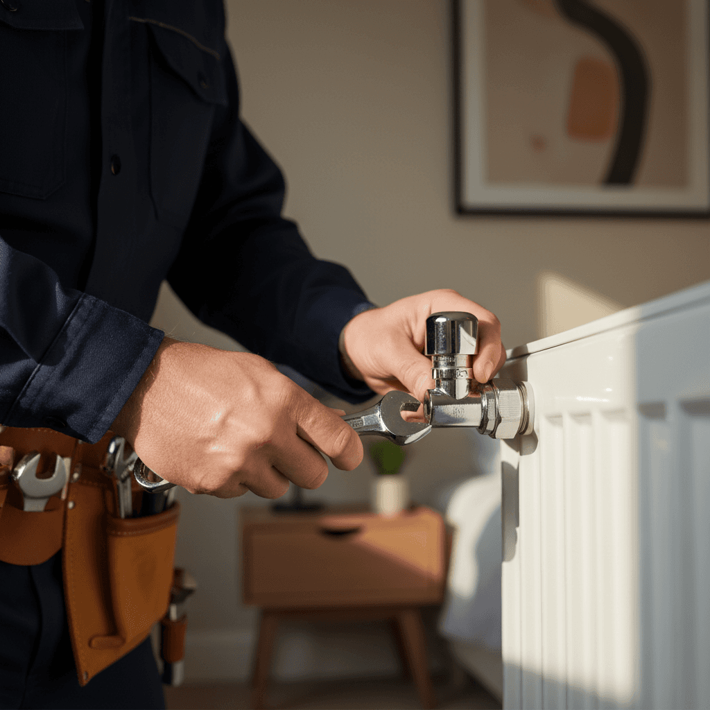 Tradesperson installing a radiator in a bright London flat