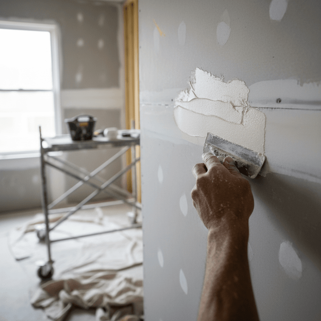 Tradesperson finishing a plastered wall with a trowel