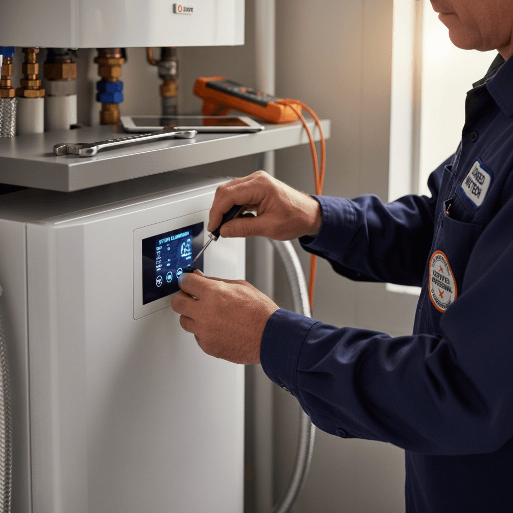 Technician adjusting a wall-mounted boiler