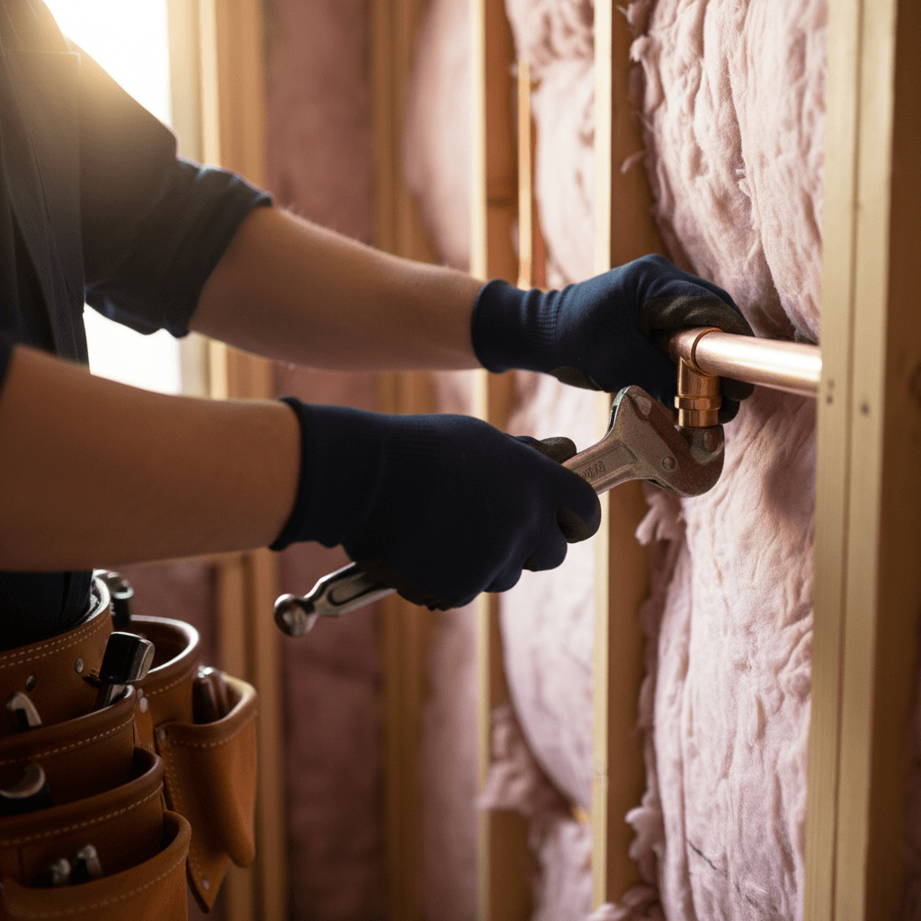 Construction worker inspecting copper pipe installation in a London home