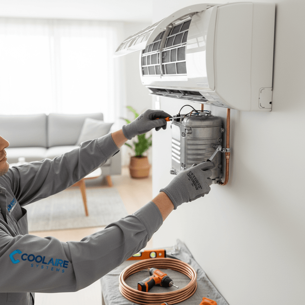 Technician installing a wall-mounted air-conditioning unit